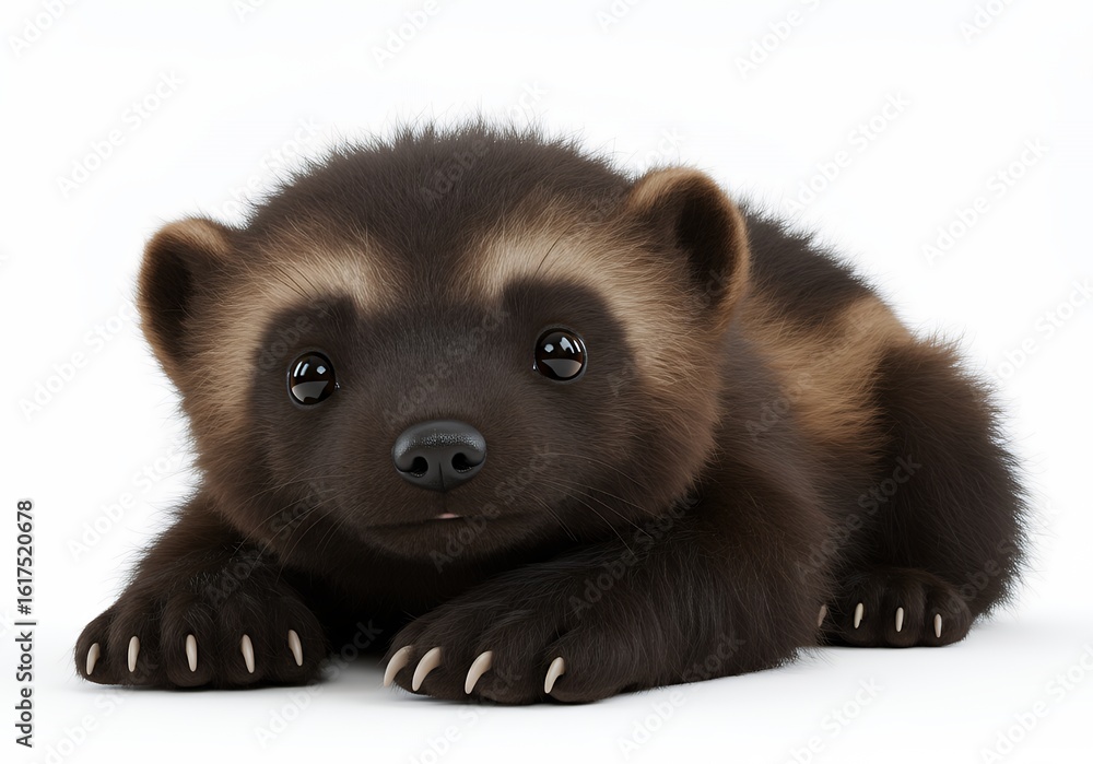 Obraz premium Adorable wolverine cub looking directly at you with expressive eyes on a clean white background