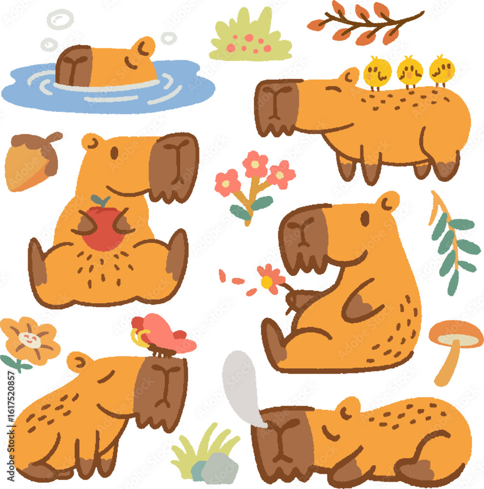 Fototapeta premium Capybara with different pose flat vector illustrations set. Capybaras bathing, eating apple, sleeping in jungle.