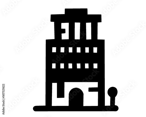 Building silhouette. Black and white hotel icon. Tall building isolated on a white background. Vector illustration.	