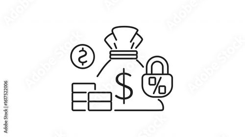 Fixed deposit line animation. Fixed deposit icon bag of money coins and percentage lock symbolize secure high yield financial investments, ideal for banking and investment concepts.