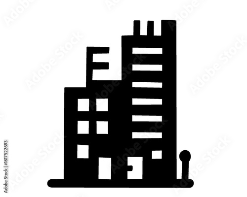 Building silhouette. Black and white hotel icon. Tall building isolated on a white background. Vector illustration.	