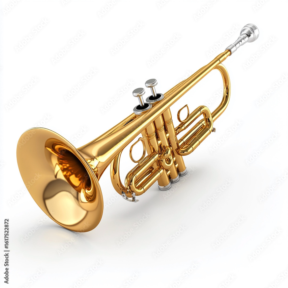 Obraz premium Gleaming Gold Trumpet Musical Instrument on White Background brass instrument golden