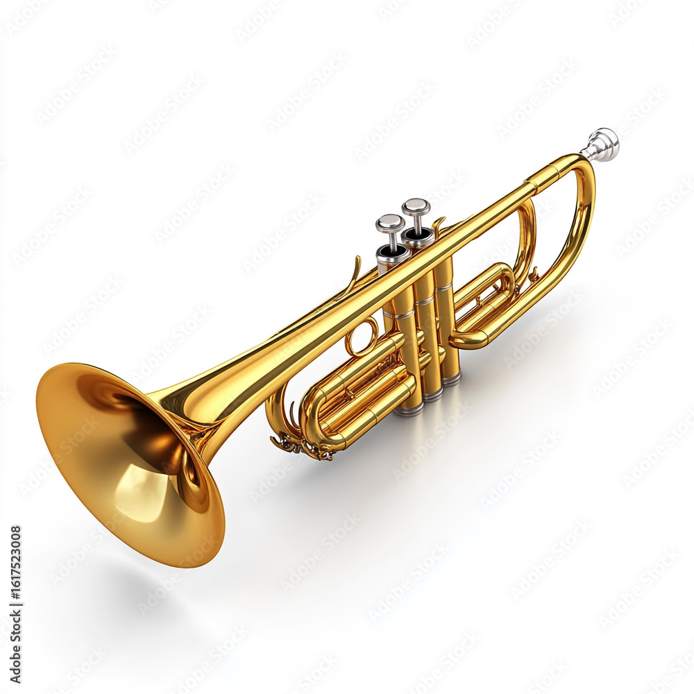 Obraz premium Golden brass trumpet with silver valves on a white background musical instrument