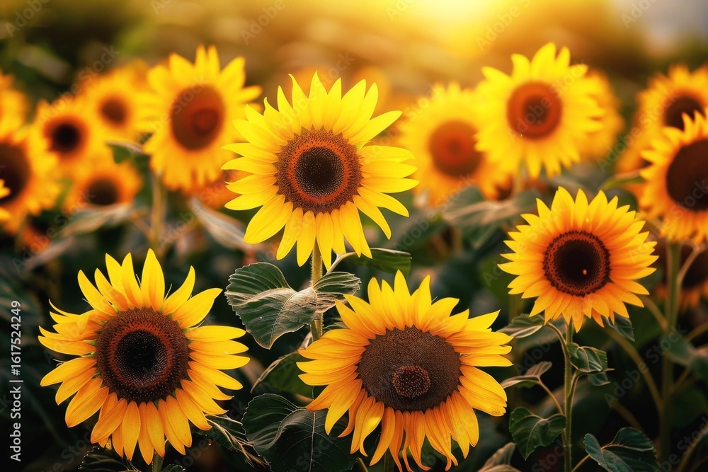 Fototapeta premium Sunflowers bloom in a vibrant field during golden hour, showcasing nature's beauty and tranquility