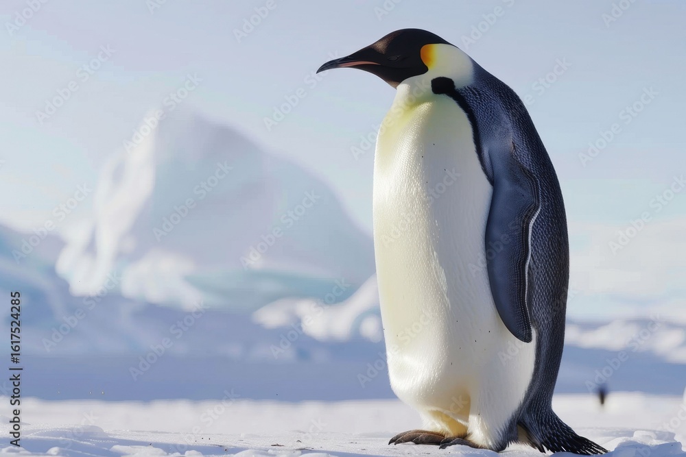 Fototapeta premium Emperor penguin stands majestically on icy landscape under clear sky in Antarctica during daylight hours