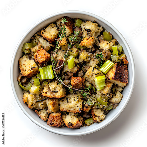 Homemade Stuffing with Croutons, Celery, and Herbs in a Bowl