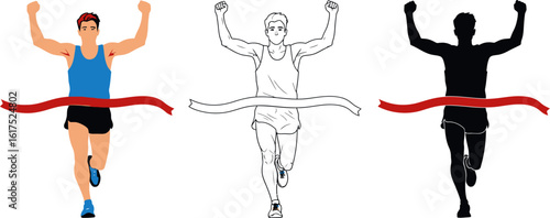 Running marathon winner crossing finish line vector illustration for sports and fitness concept