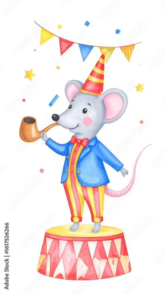 Naklejka premium Cute mouse in party attire on a circus pedestal