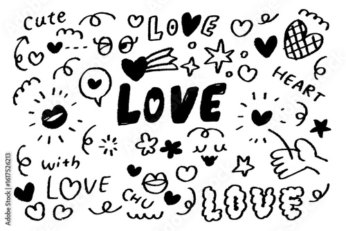 モノクロのクレヨン風の手描きハートとLOVE文字のラブリーモチーフセット。恋愛やバレンタインにぴったりのキスマークや吹き出し、手、花などをちりばめた、かわいくポップなイラスト素材。