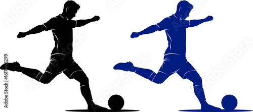 Soccer player kicking ball silhouette vector illustration, football player action shot design art
