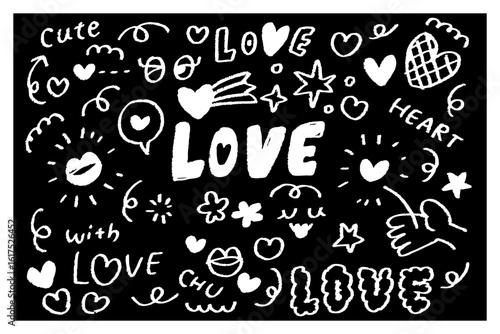 白黒のクレヨン風の手描きハートとLOVE文字のラブリーモチーフセット。恋愛やバレンタインにぴったりのキスマークや吹き出し、手、花などをちりばめた、かわいくポップなイラスト素材。