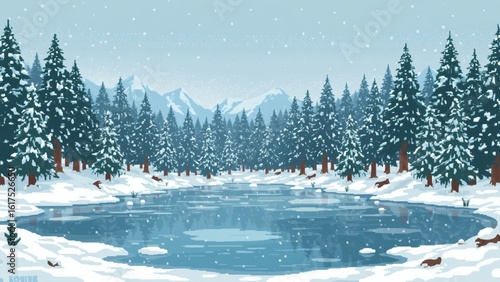  Frozen Pixel Lake in 8-Bit Winter Scene