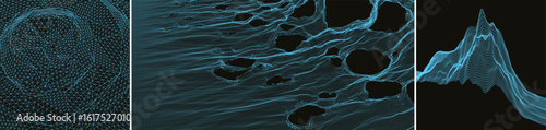 3D mesh surface. Texture. Torn web. Abstract background with holes. Mountain peak. Illustration for brochure, poster, presentation, flyer or banner. 