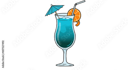Tropical blue cocktail with umbrella and orange slice garnish  