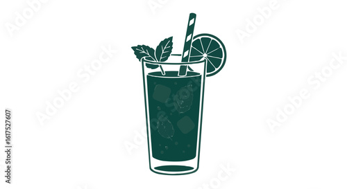 Refreshing mint lime mocktail in glass with straw and mint leaves  