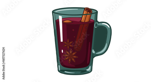 Hot drink with cinnamon stick and star anise in glass mug  