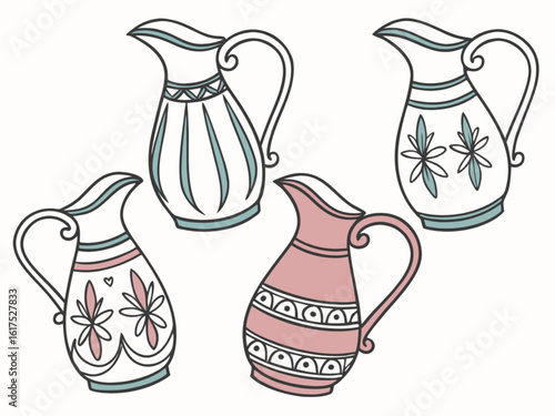 A collection of decorative ceramic pitchers with floral patterns, handdrawn and isolated on white background