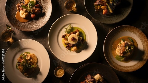 Wallpaper Mural Elegant gourmet dishes artfully plated and presented under warm lighting Torontodigital.ca