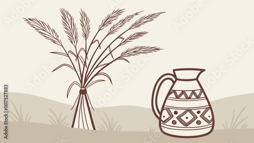 A sheaf of wheat stands next to a patterned pitcher in a field, creating a rustic and vintage illustration