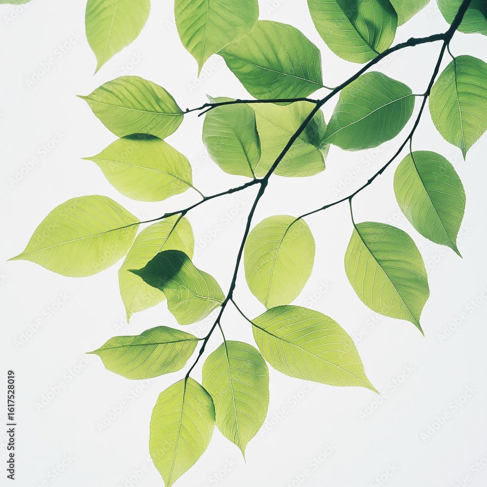 Naklejka premium Bright green leaves on dark branches against a white background tree branch nature