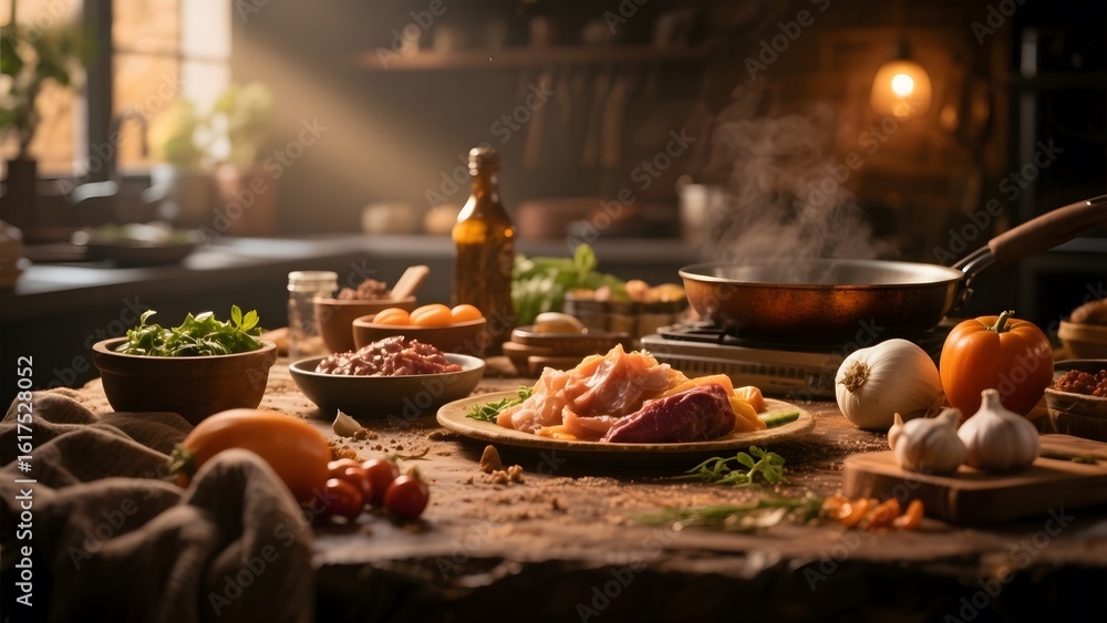 Fototapeta premium Warmly Lit Kitchen Scene with Fresh Ingredients and Cooking Pan
