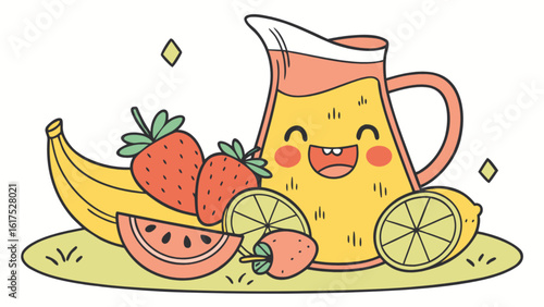 A cute cartoon pitcher of fruit juice with a happy face, surrounded by bananas, strawberries, watermelon, lemon, and lime, isolated on white background