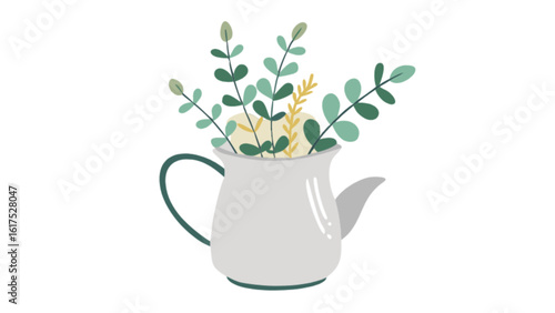 A teapot with a bouquet of flowers and plants is isolated on white background