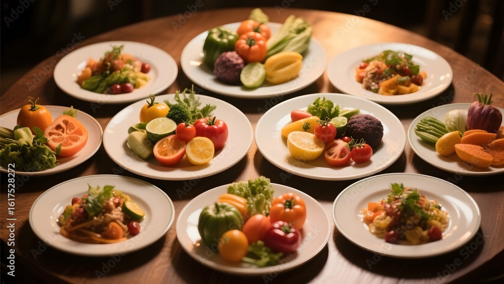 Assorted Fresh Vegetable Platters Arranged on a Wooden Table Assorted Fresh Vegetable Platters Arranged on a Wooden Table