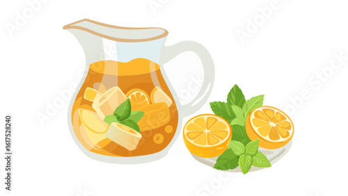 A refreshing glass pitcher of iced tea with lemon and mint isolated on white background