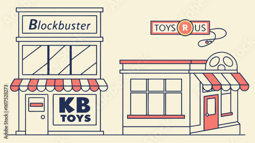 A nostalgic illustration of blockbuster, toys r us, and kb toys stores isolated on white background