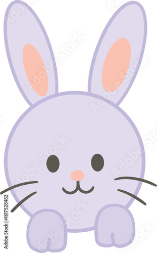A purple rabbit with big ears and a pink nose is clinging.