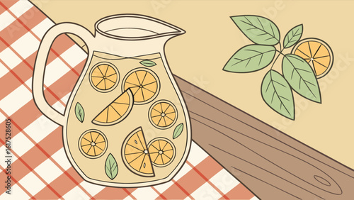 A refreshing pitcher of homemade lemonade with lemon slices and mint leaves on a checkered tablecloth and wooden table isolated on white background
