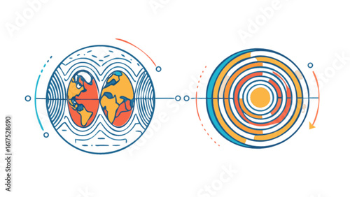 A graphic illustration of the earth with arrows indicating rotation, isolated on white background