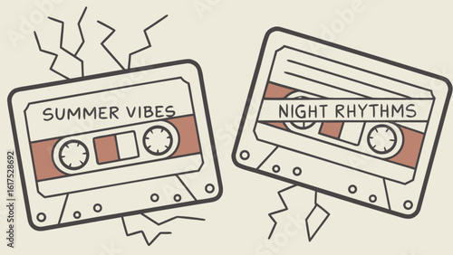 Two cassette tapes labeled summer vibes and night rhythms evoke a sense of retro music and nostalgia isolated on white background