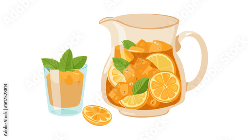 A refreshing pitcher of lemonade with lemon slices and mint, accompanied by a glass of the cool summer drink isolated on white background