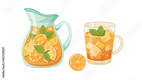 Refreshing orange juice with ice and mint in a glass pitcher and a glass, isolated on white background