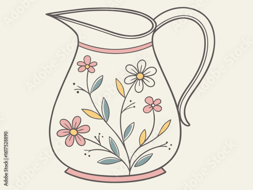 Vintage pitcher with floral design, isolated on white background