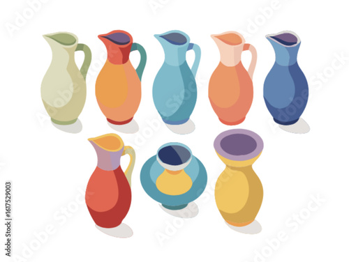A collection of colorful ceramic jugs and vases, showcasing a variety of designs and styles for decorative household use