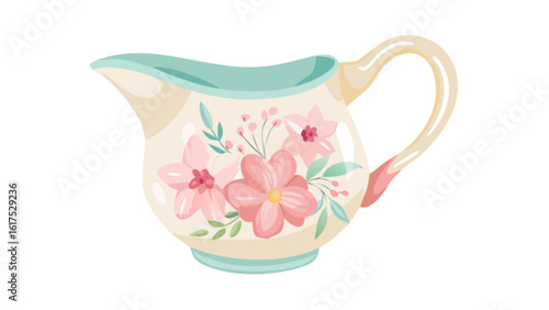 A vintage ceramic creamer pitcher with pink floral design isolated on white background