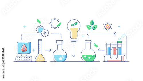 A science research and laboratory experiment process with flasks, tubes, and computer isolated on white background