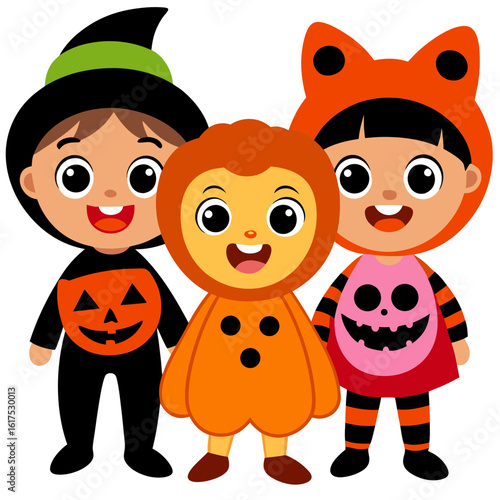Three cute kids in halloween costumes isolated on white background