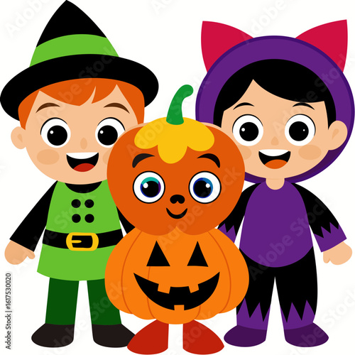 Cartoon kids in halloween costumes isolated on white background