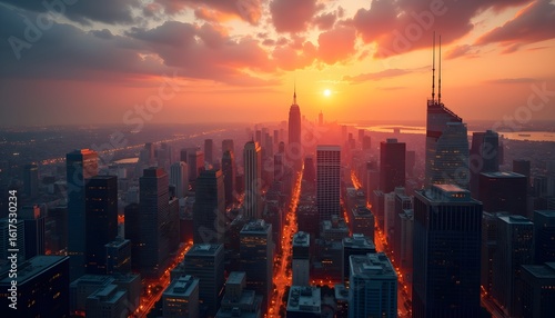 A dramatic sunset over a cityscape with tall buildings and a river in the distance
