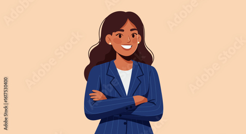 Smiling young brunette businesswoman in a suit talking on her cell phone with a serious expression