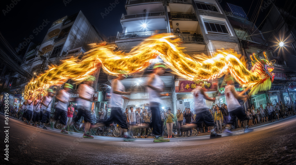 Obraz premium Blazing Dragon Twirls Through Lantern-Lit Streets During Night Parade at Tai Hang Fire Dragon Festival