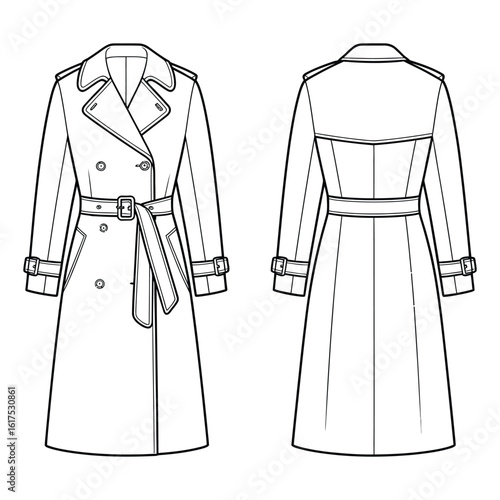 Trench coat technical fashion flat sketch. Double-breasted classic outerwear vector illustration with front and back views.