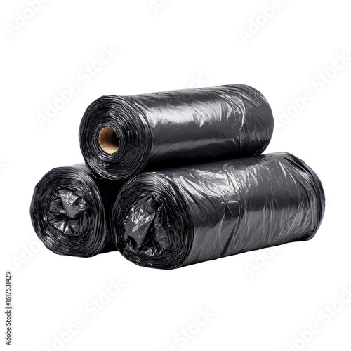 Rolled black plastic trash bags