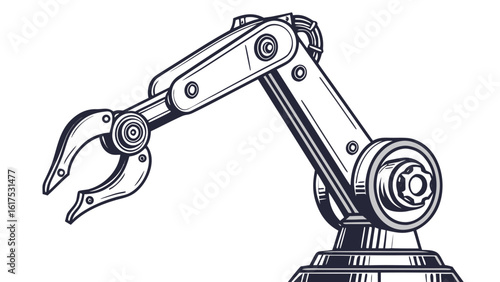 Illustration of a robotic arm with a claw, featuring intricate details and a clean, industrial design style