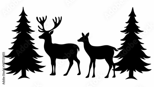 Silhouette of a buck and doe deer standing between two evergreen trees in a forest setting design element