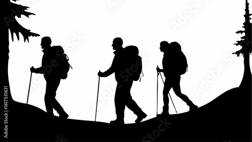 Silhouette of three hikers with backpacks and trekking poles walking through a forest landscape in black and white